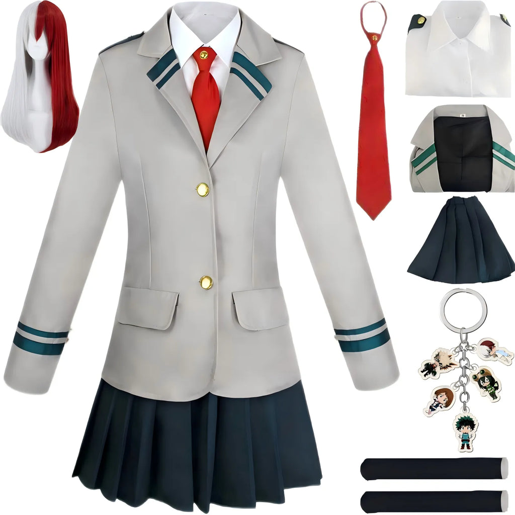 female shoto todoroki mha cos costume full set long two tone wig skirt shirt coat tie keychain socks