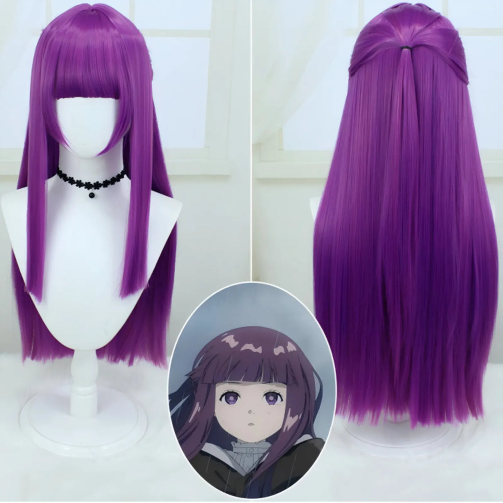 front and back display of long purple straight cos wig for fern from frieren beyond journey's end