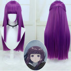 front and back display of long purple straight cos wig for fern from frieren beyond journey's end