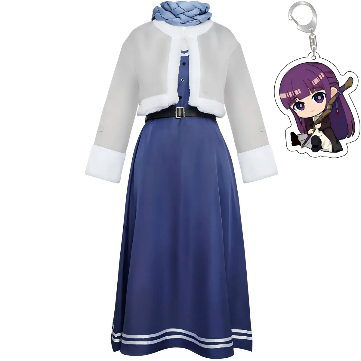 standalone fern frieren cosplay blue long midi dress gray fleece jacket fern acrylic character keychain
