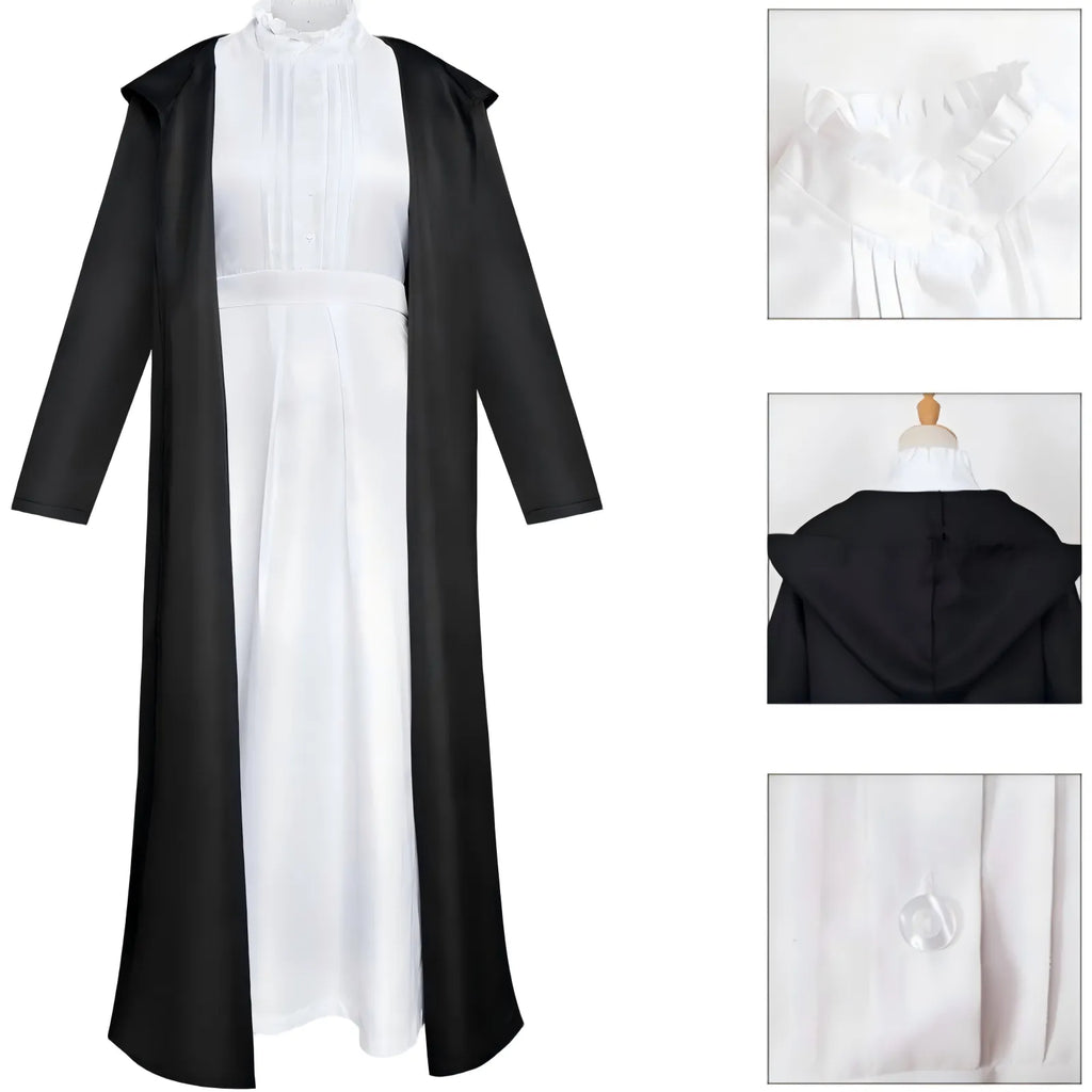 detail collage fern frieren cosplay white frilled collar black hooded robe back inner shirt buttons