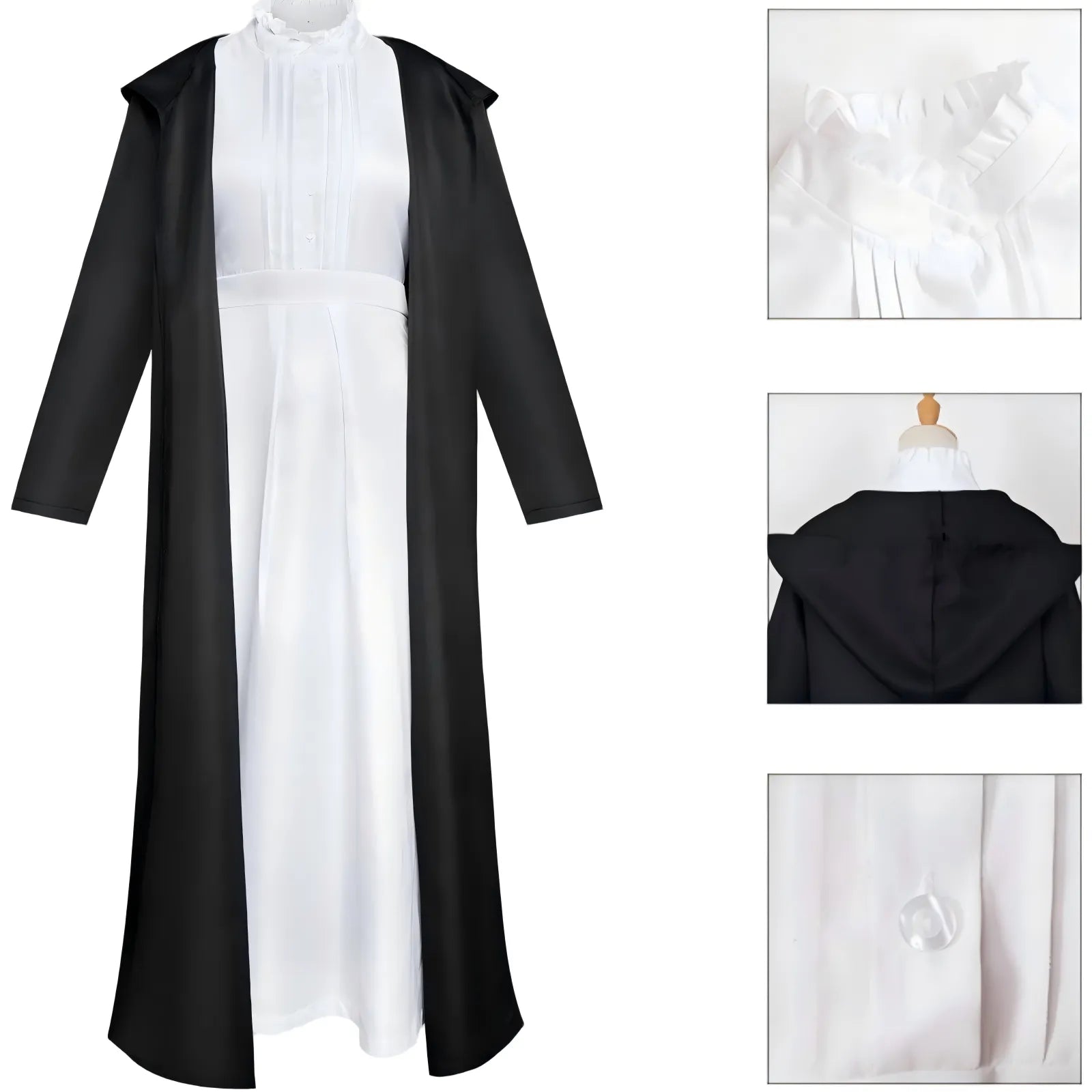 detail collage fern frieren cosplay white frilled collar black hooded robe back inner shirt buttons
