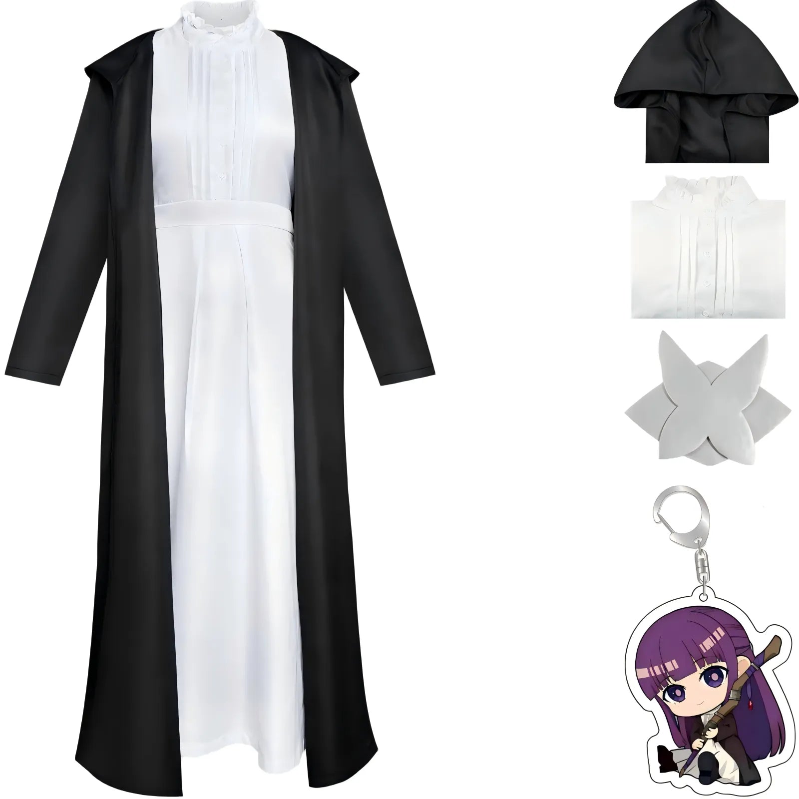 fern frieren cosplay black hooded long coat white stand collar dress hair clip acrylic keychain costume set