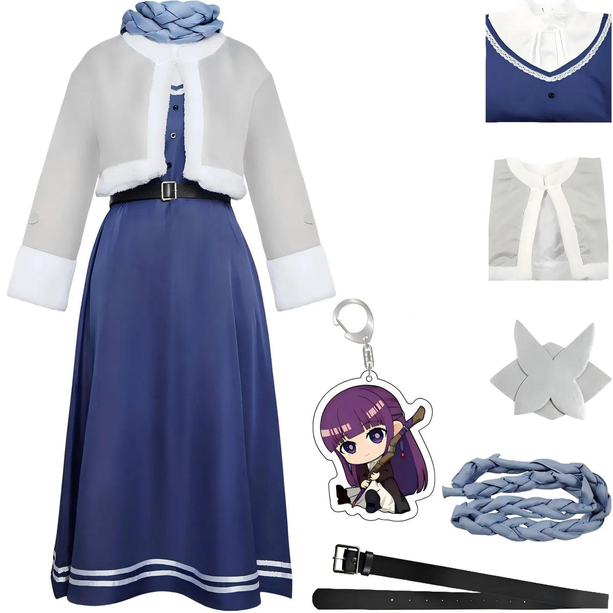 fern frieren cosplay winter dress gray fleece trim coat scarf belt hair clip keychain full costume set