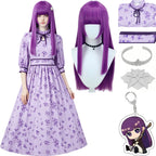 fern cosplay dress on model, matching purple cos wig displayed separately with complete accessory pack