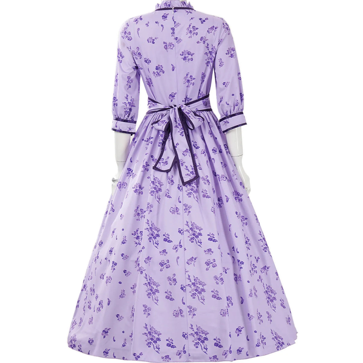 back side of lavender floral fern cosplay dress with back waist bow decoration