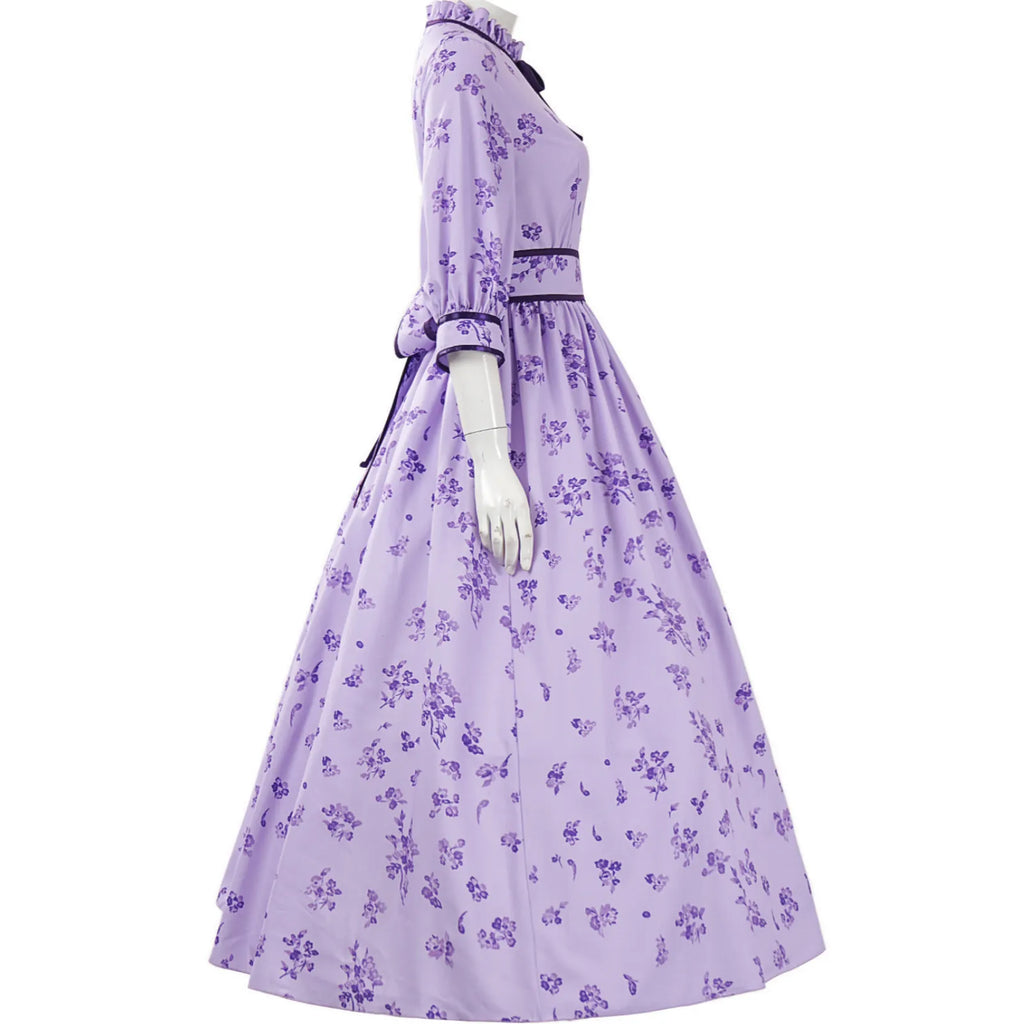profile back view of fern cosplay long floral dress with waist ribbon tie