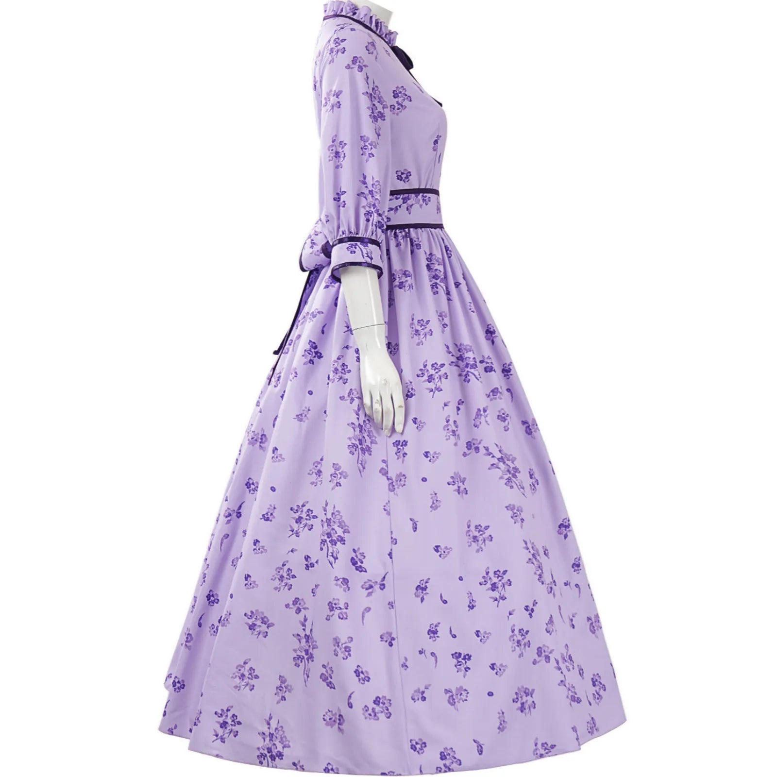profile back view of fern cosplay long floral dress with waist ribbon tie