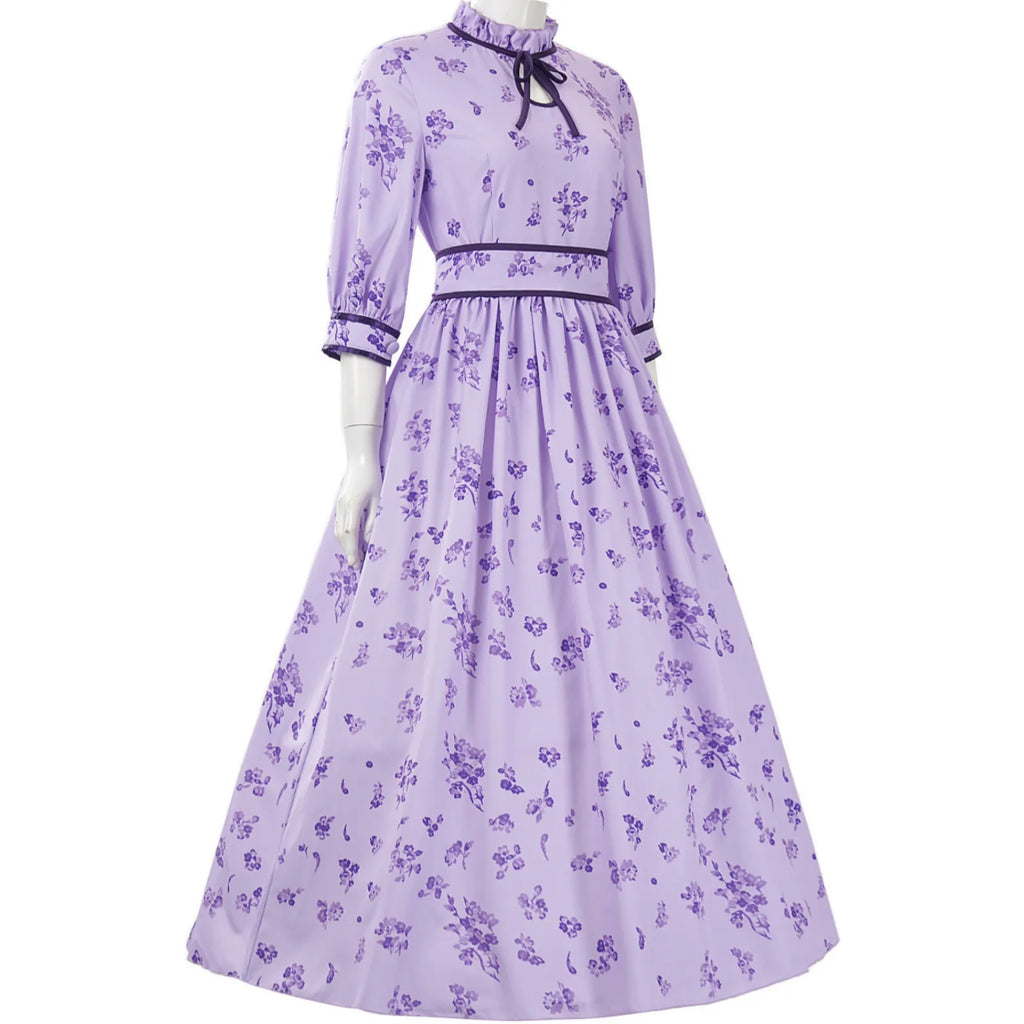 side shot of light purple floral fern cosplay dress with stand collar and waistband