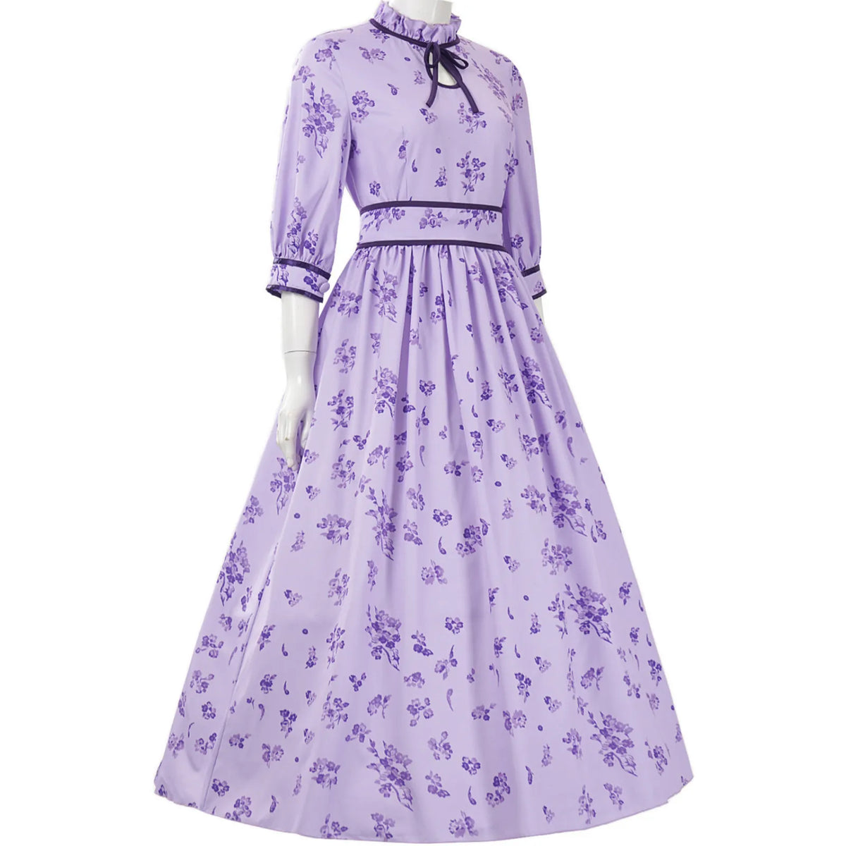 side shot of light purple floral fern cosplay dress with stand collar and waistband