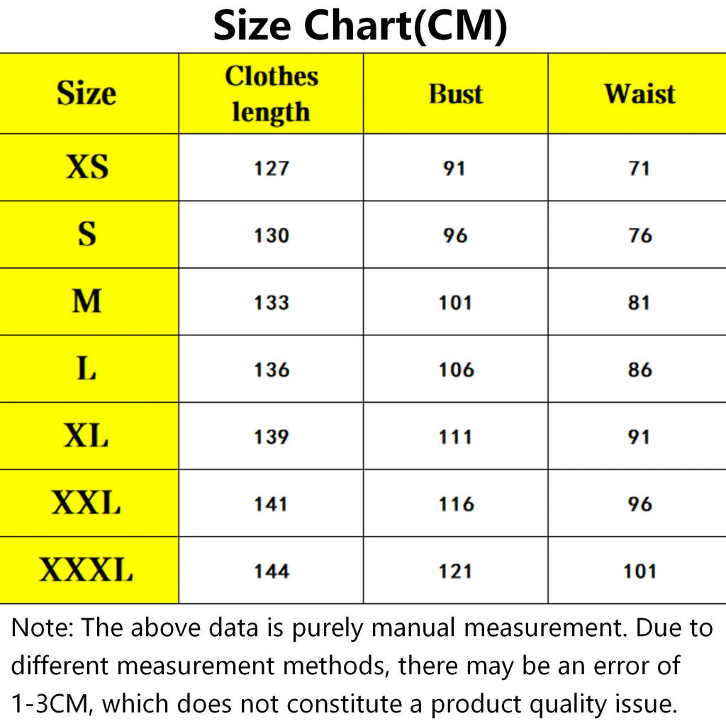 size measurement chart of fern cosplay dress including length, bust and waist data in cm