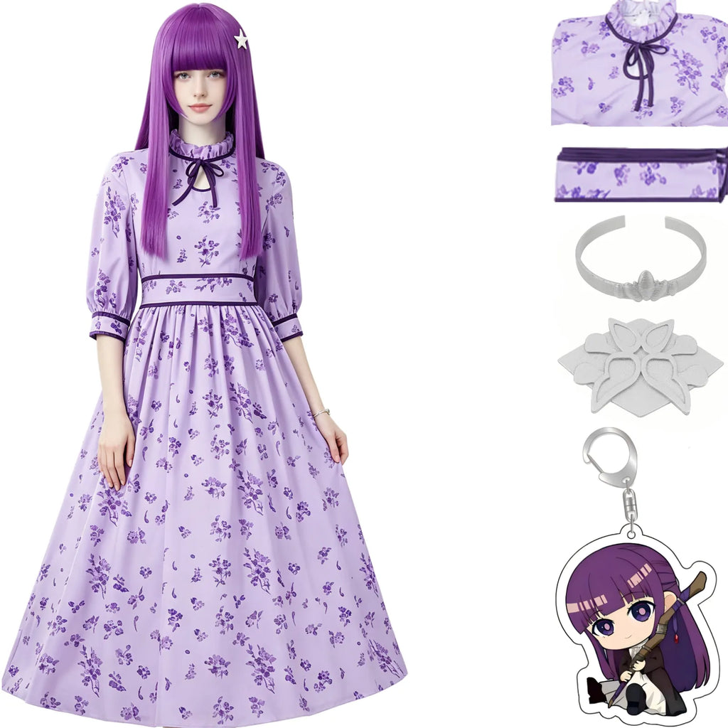 young woman wearing fern cosplay dress, purple long wig, star hair clip, full set accessories, whole body front view