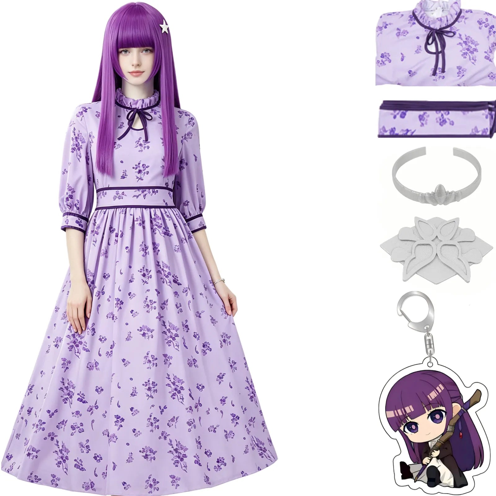 young woman wearing fern cosplay dress, purple long wig, star hair clip, full set accessories, whole body front view