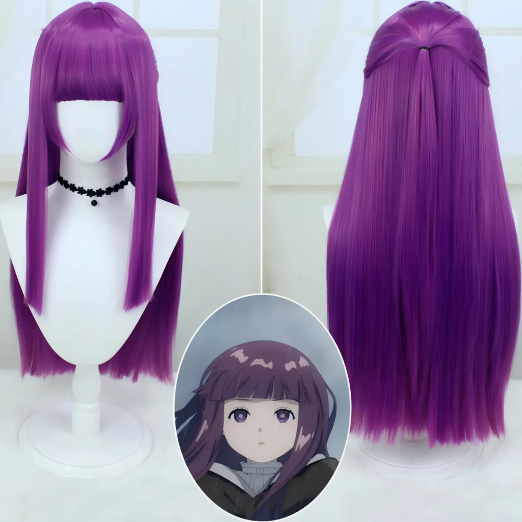 long purple straight wig for fern frieren cosplay anime fern hairstyle front and back display