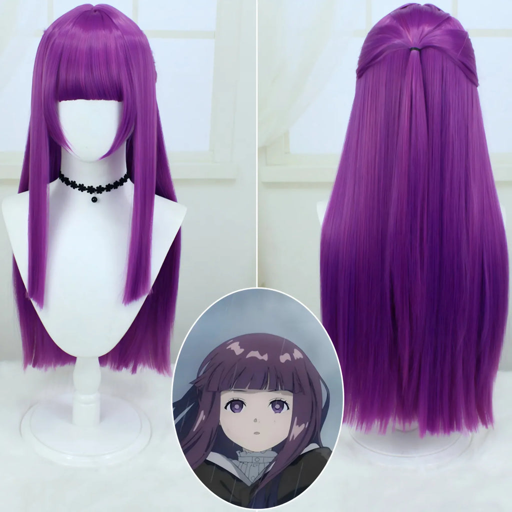long purple straight wig for fern frieren cosplay anime fern hairstyle front and back display