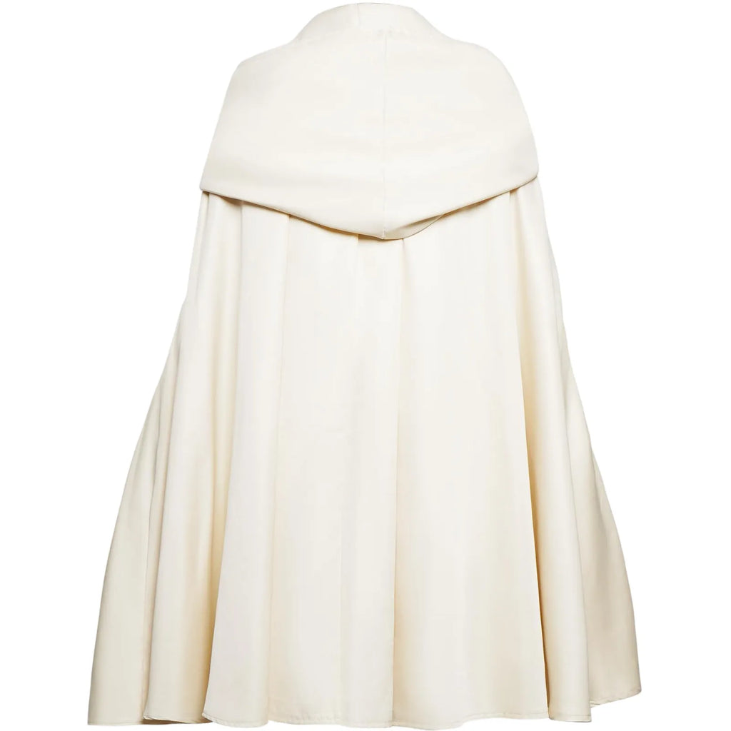 back side shot of cream hooded cape for frieren cosplay, loose draped soft fabric cloak, classic frieren outerwear cloak