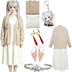 frieren beyond journey's end casual cosplay oat knit cardigan white long dress elf ears earrings bracelet keychain full set