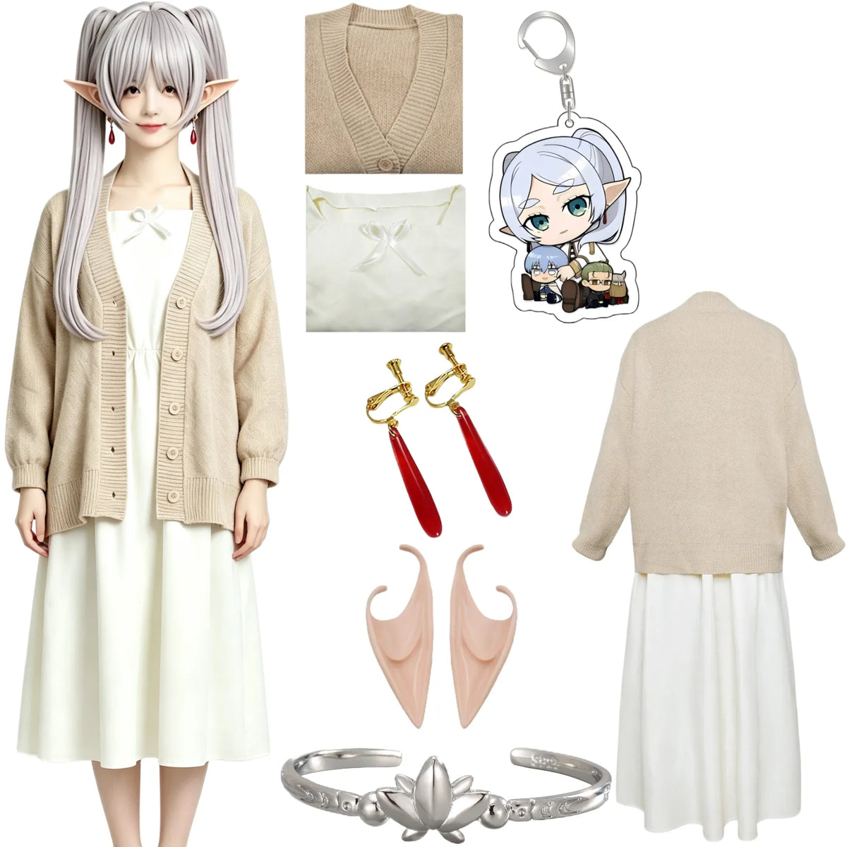 frieren beyond journey's end casual cosplay oat knit cardigan white long dress elf ears earrings bracelet keychain full set