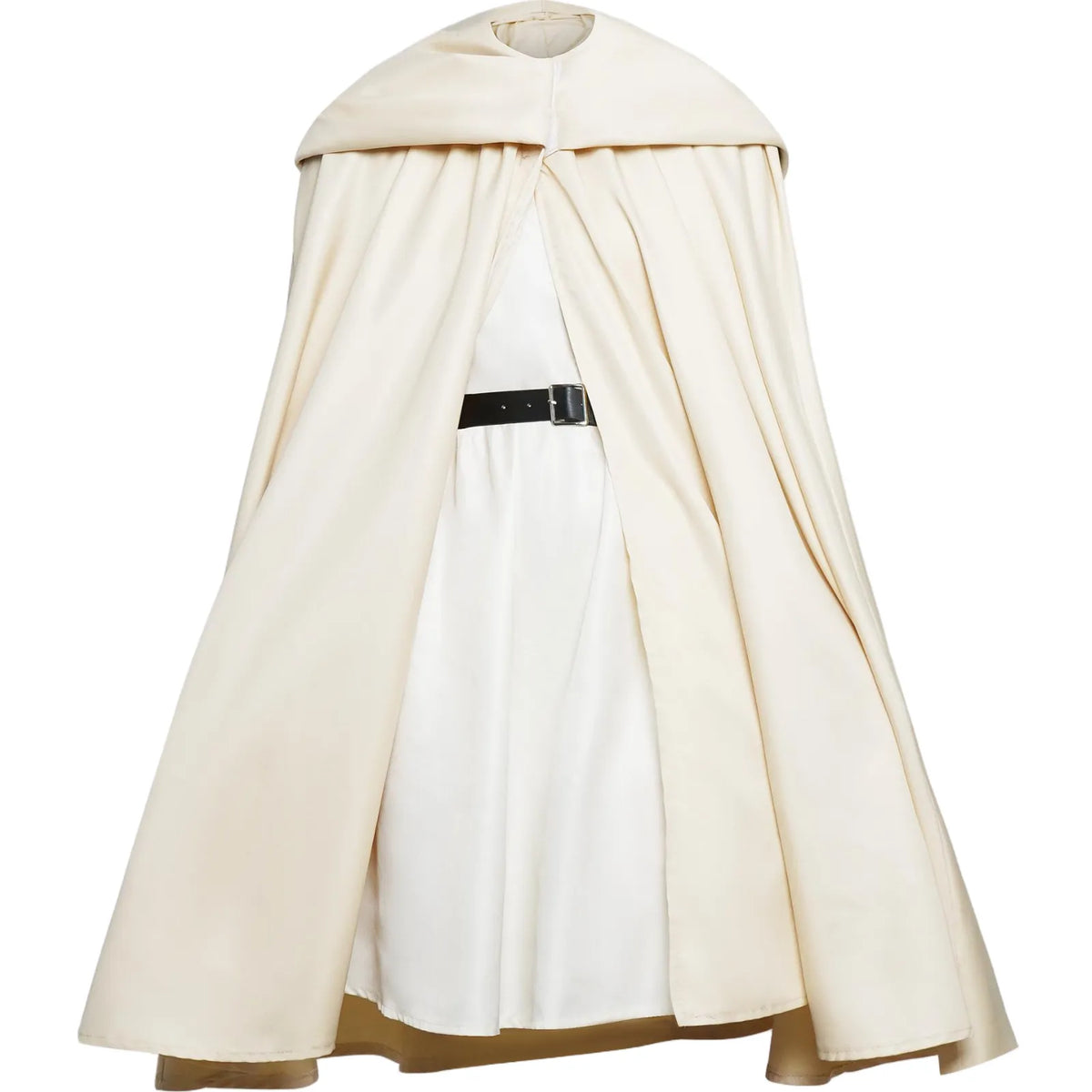mannequin styled frieren outfit, beige hooded cloak worn over white sleeveless dress, black waist belt, overall matching effect of main cos costume