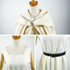 closeup details of frieren cos costume, cloak front collar stitching, square neck dress top, black square buckle waist belt fixed on dress waist