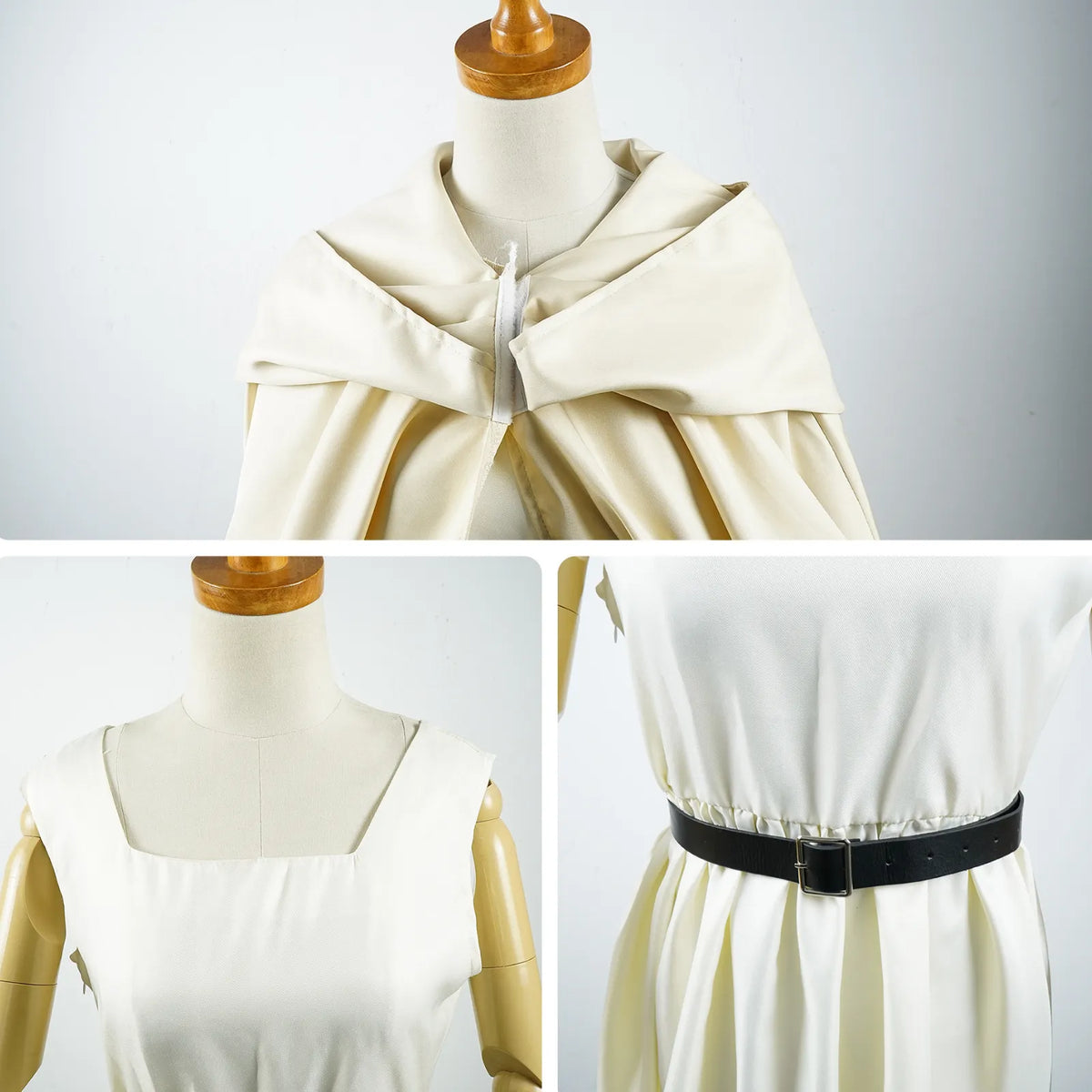 closeup details of frieren cos costume, cloak front collar stitching, square neck dress top, black square buckle waist belt fixed on dress waist