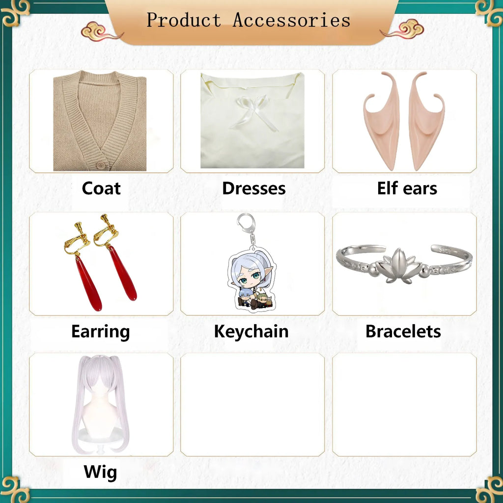 frieren cos accessory bundle knit cardigan dress elf ears drop earrings lotus bracelet acrylic keychain wig
