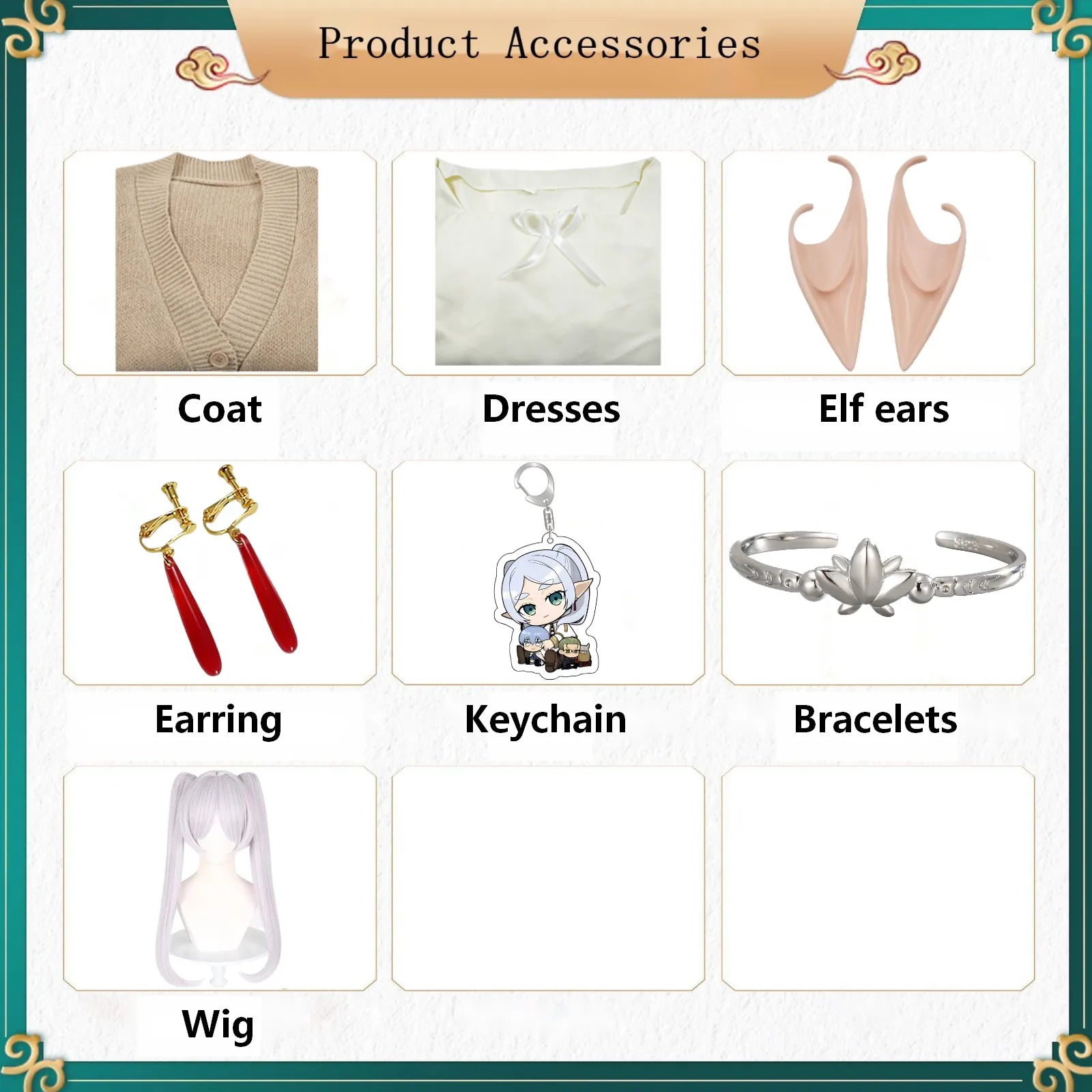 frieren cos accessory bundle knit cardigan dress elf ears drop earrings lotus bracelet acrylic keychain wig