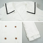 close up frieren cosplay coat sailor collar black piping brown double-breasted buttons folded cuffs