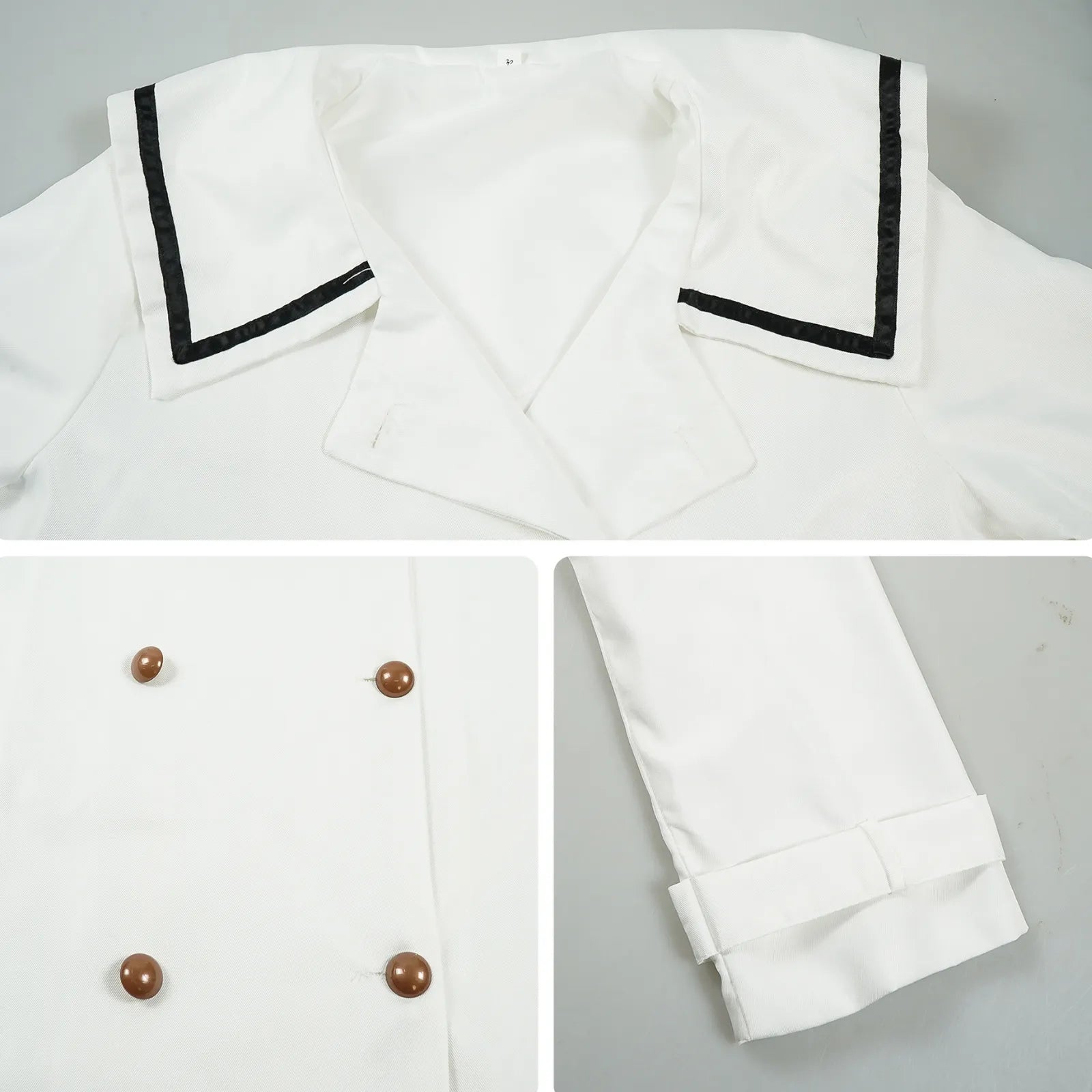close up frieren cosplay coat sailor collar black piping brown double-breasted buttons folded cuffs