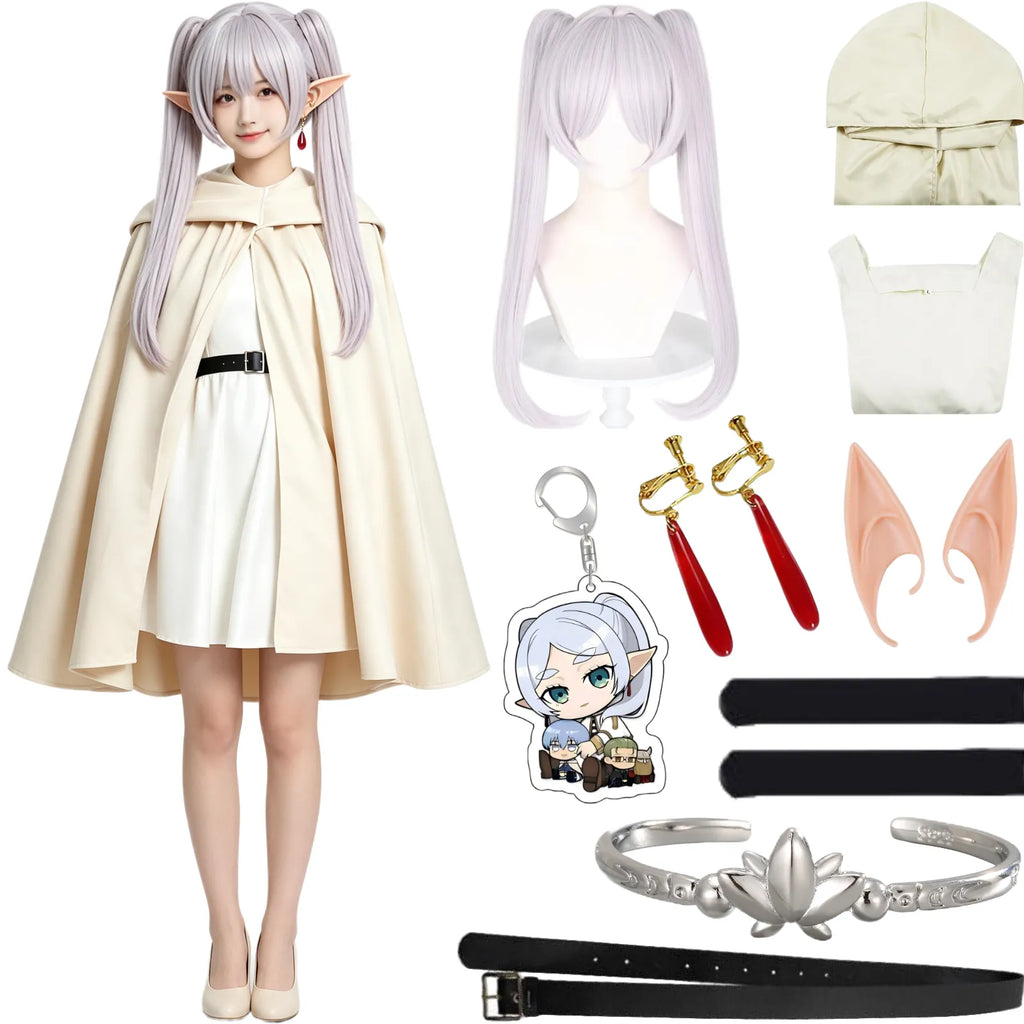frieren cos set display, female model in frieren outfit alongside matching lavender twin tail wig, hooded cloak, dress, elf ears, red drop earrings, lotus bracelet, black belt, anime peripheral keychain