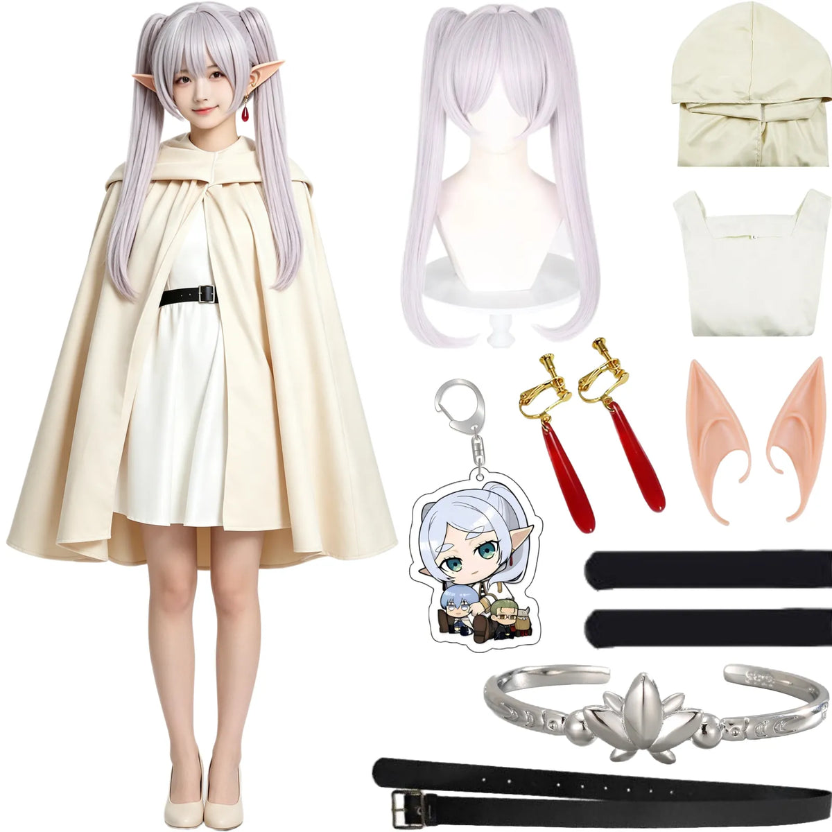 frieren cos set display, female model in frieren outfit alongside matching lavender twin tail wig, hooded cloak, dress, elf ears, red drop earrings, lotus bracelet, black belt, anime peripheral keychain