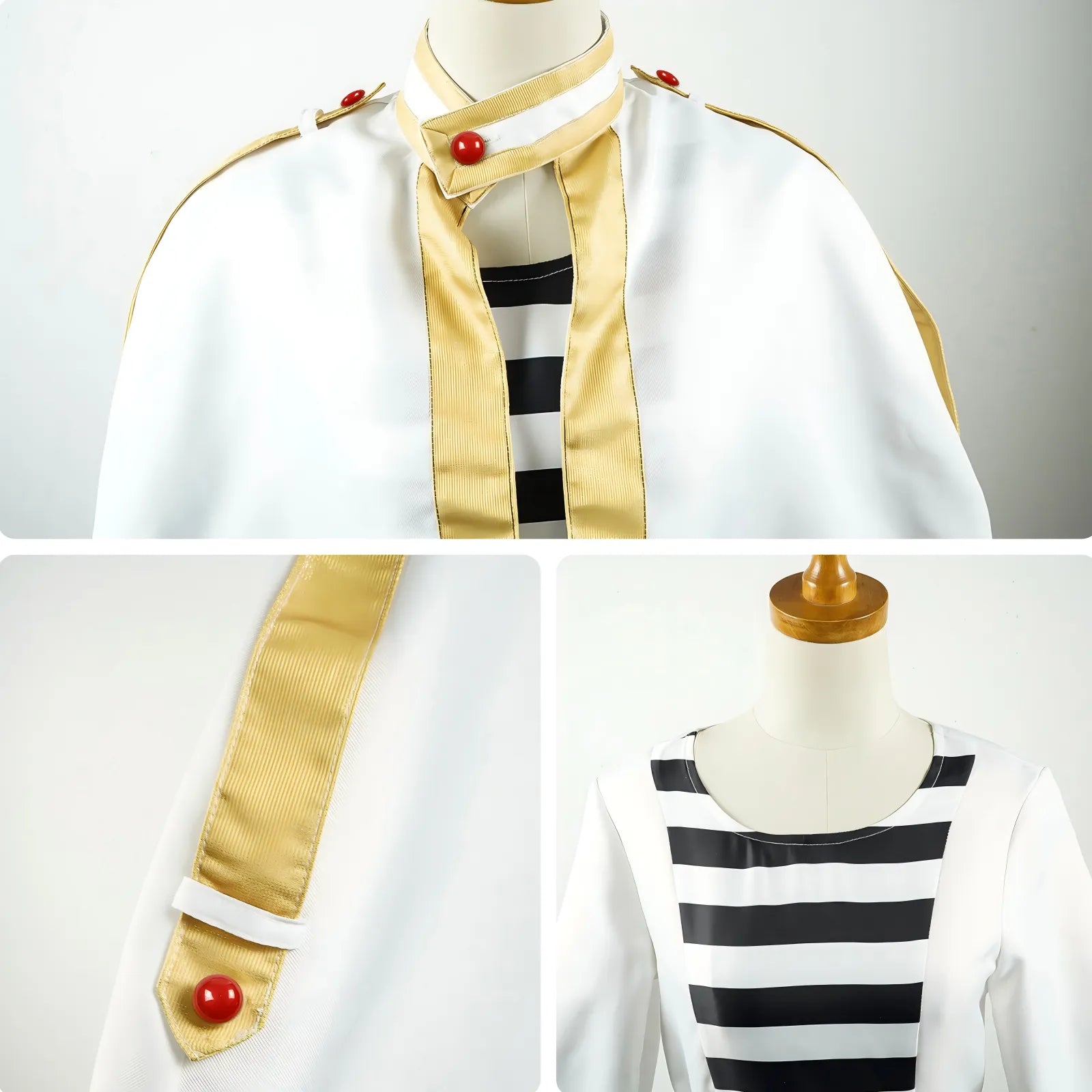 closeup frieren cosplay stand collar red button cape cuffs gold trim striped inner shirt fabric details