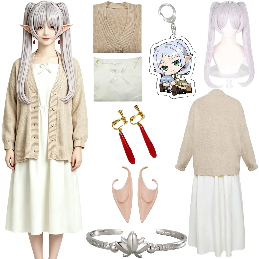 complete frieren cosplay set light silver twin tails wig oat cardigan white dress elf accessories
