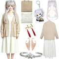 complete frieren cosplay set light silver twin tails wig oat cardigan white dress elf accessories