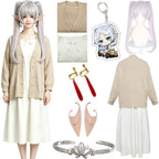 complete frieren cosplay set light silver twin tails wig oat cardigan white dress elf accessories
