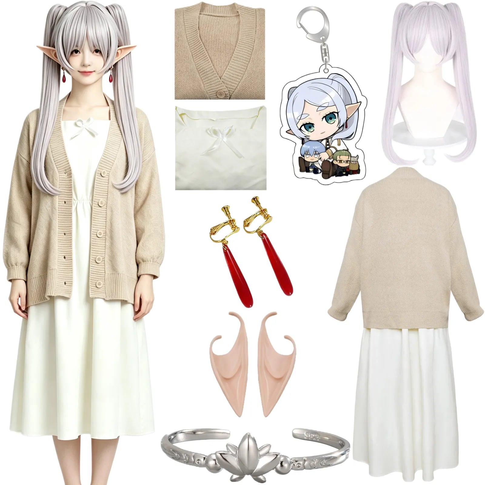 complete frieren cosplay set light silver twin tails wig oat cardigan white dress elf accessories