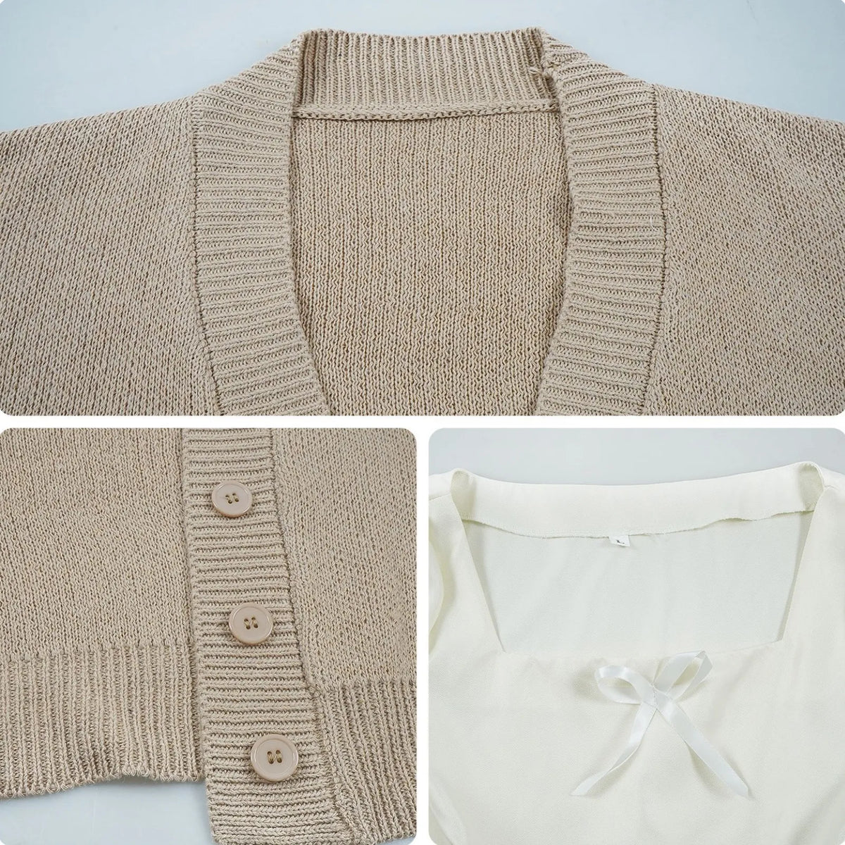 close up frieren cos knit fabric cardigan buttons square neck white satin bow detail