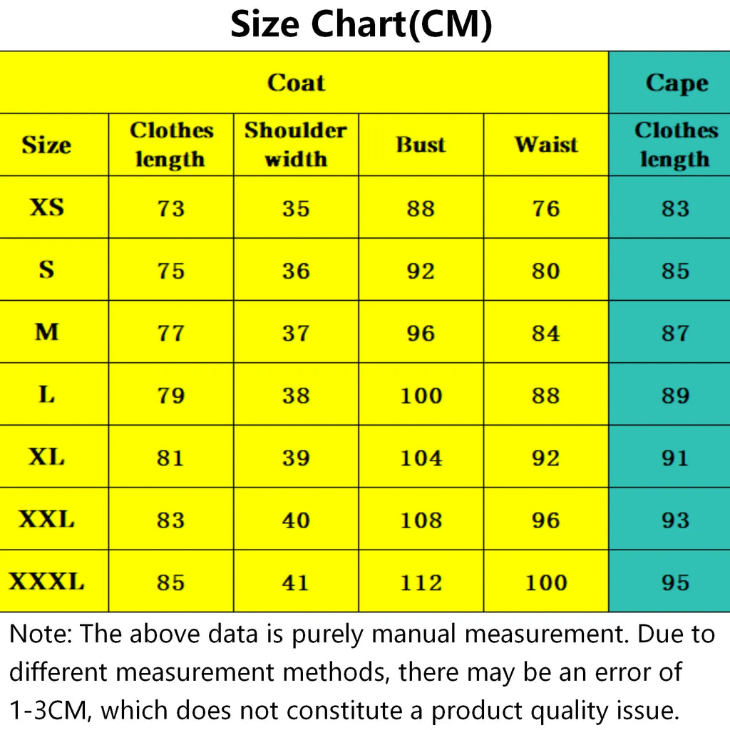 size measurement chart for frieren cos dress and cloak, bust waist length shoulder width size data in centimeters, xs to xxxl size guide