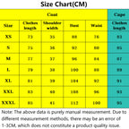 size measurement chart for frieren cos dress and cloak, bust waist length shoulder width size data in centimeters, xs to xxxl size guide