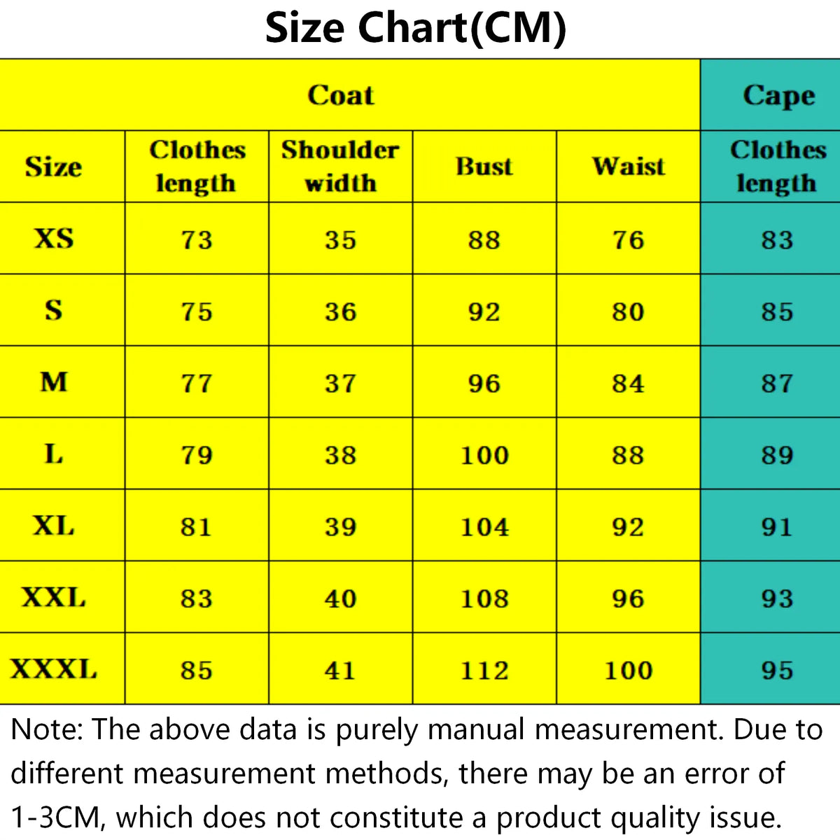 size measurement chart for frieren cos dress and cloak, bust waist length shoulder width size data in centimeters, xs to xxxl size guide