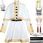 frieren cosplay white gold trim cape dress striped inner top elf ears earrings bracelet belt keychain costume set