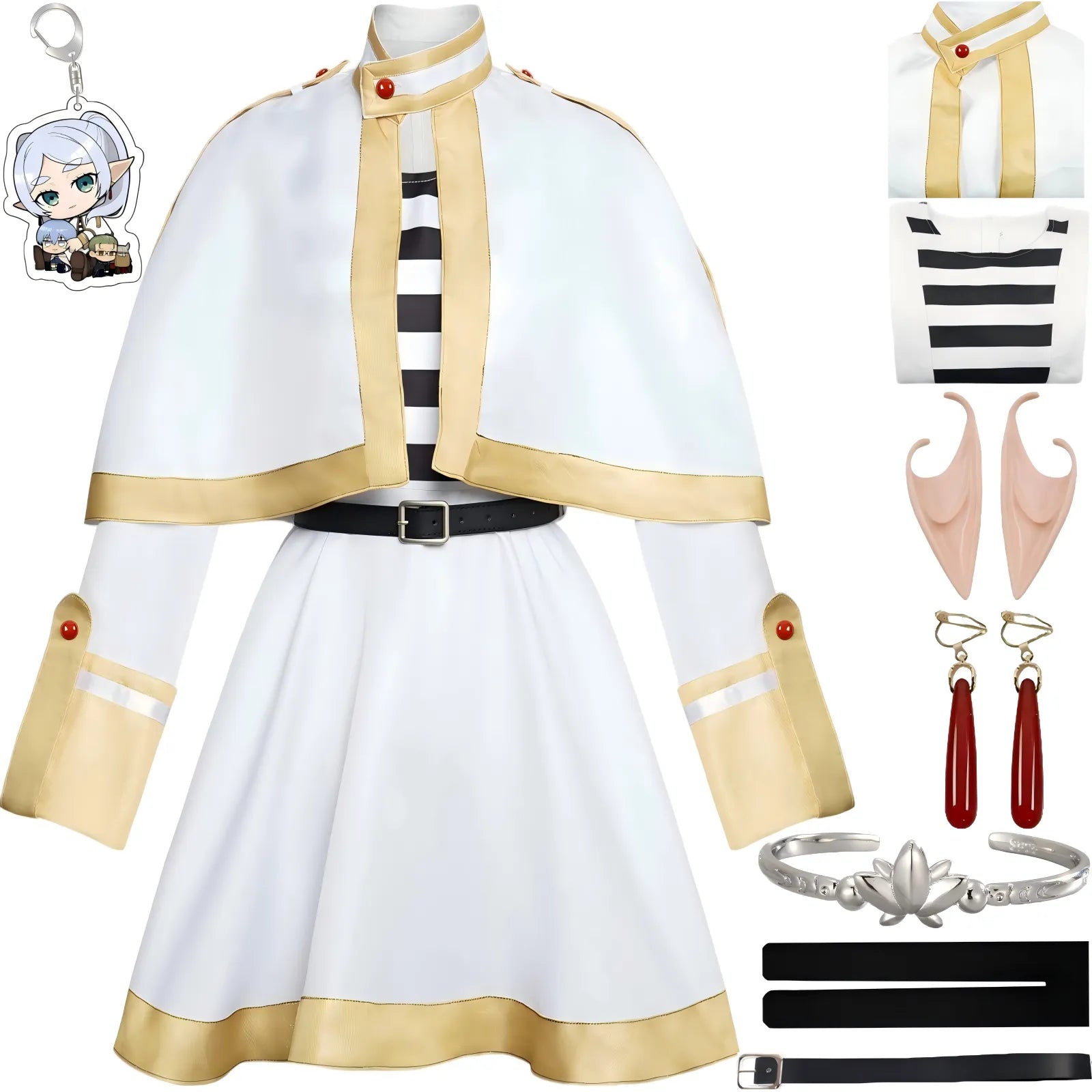 frieren cosplay white gold trim cape dress striped inner top elf ears earrings bracelet belt keychain costume set
