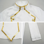 closeup frieren cosplay stand collar gold piping golden buttons sleeve cuff fabric sewing details