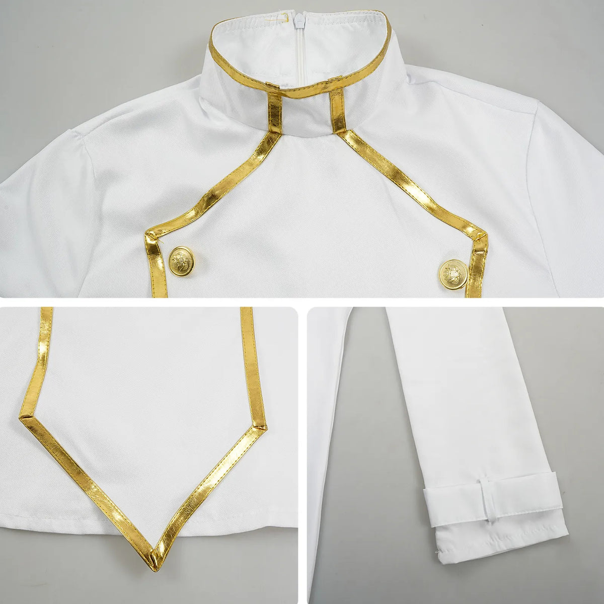 closeup frieren cosplay stand collar gold piping golden buttons sleeve cuff fabric sewing details