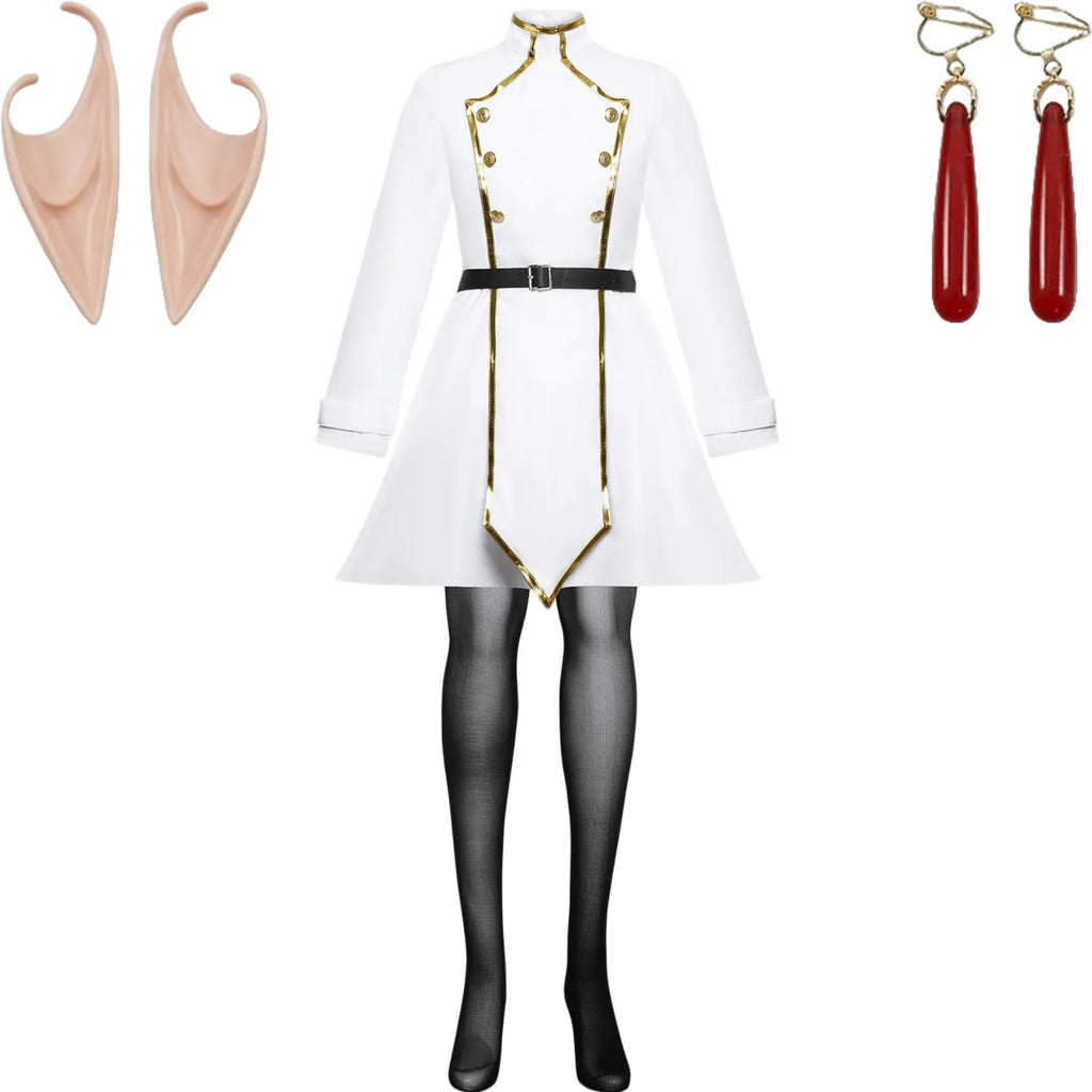 frieren cosplay white dress elf ear accessories red drop earrings black sheer stockings outfit display