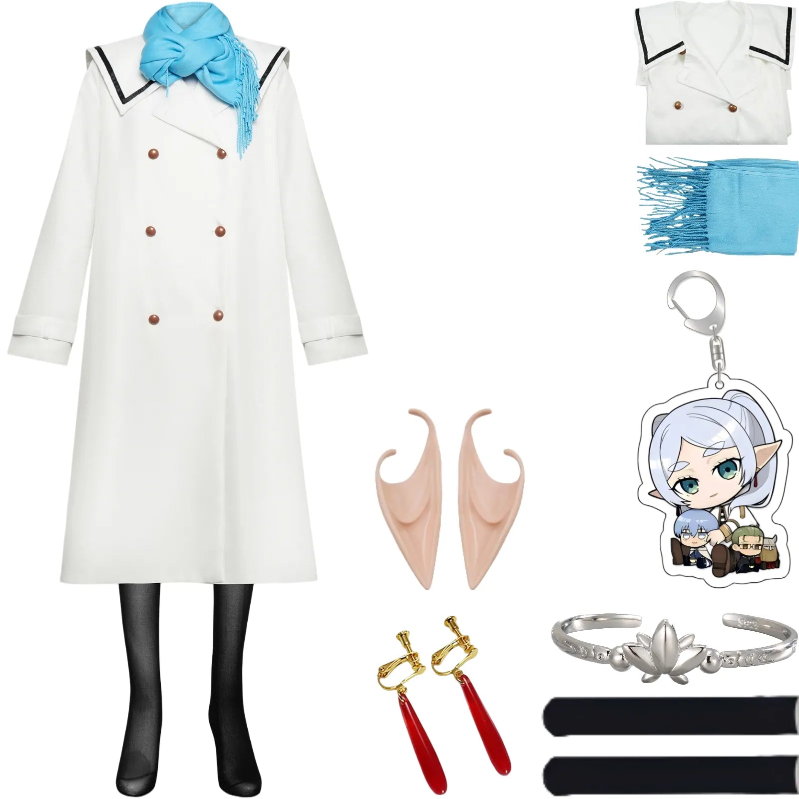 frieren beyond journey's end white long coat blue scarf elf ears earrings bracelet stockings keychain full cosplay accessories