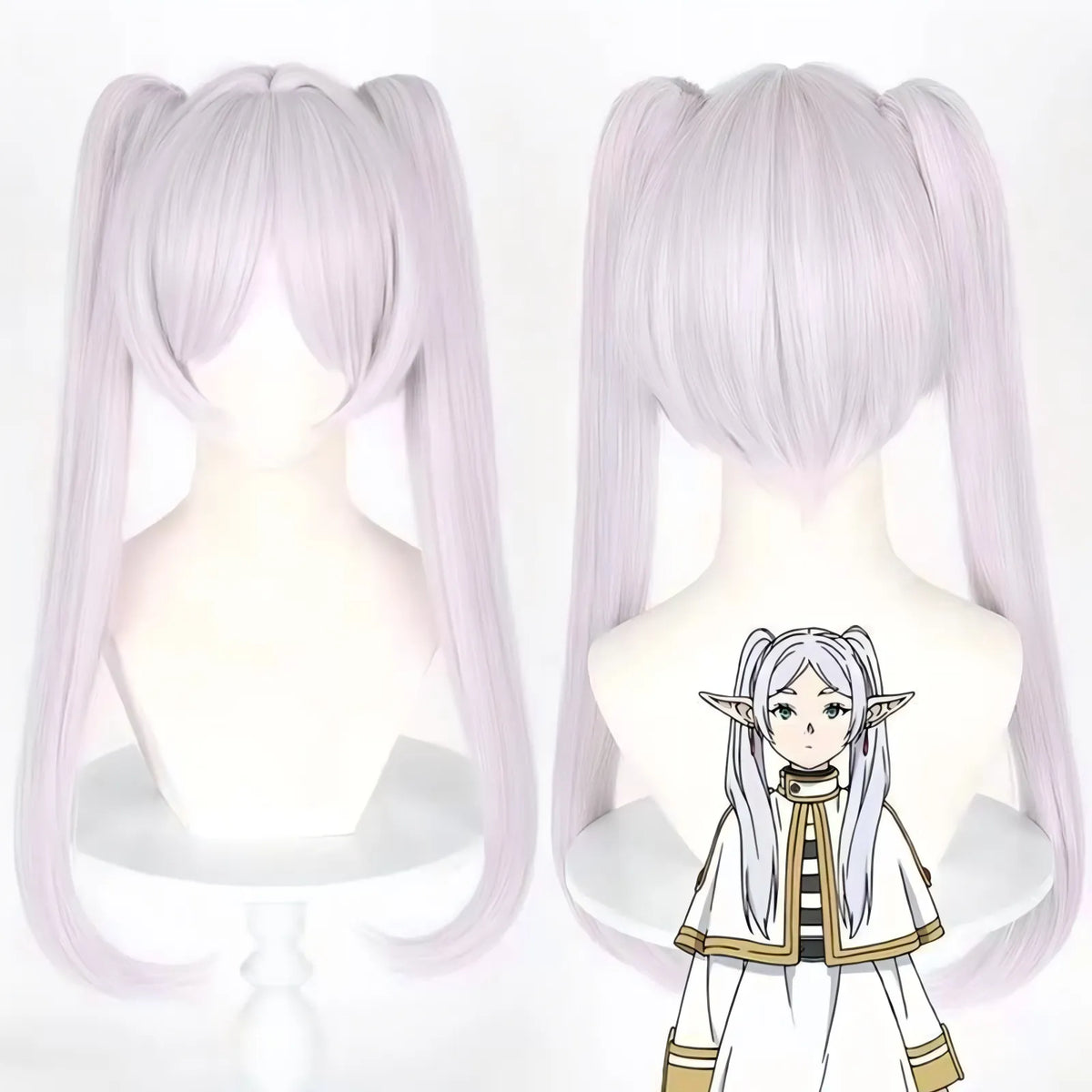 light purple long twin tail styled wig for frieren anime cosplay front and back display