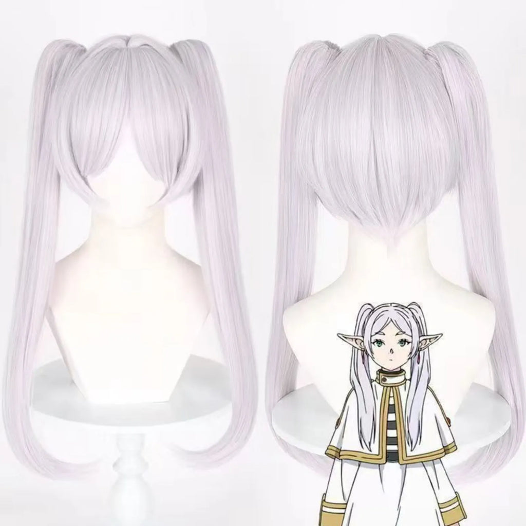 light silver purple twin tails wig for frieren anime elf cosplay front and back display