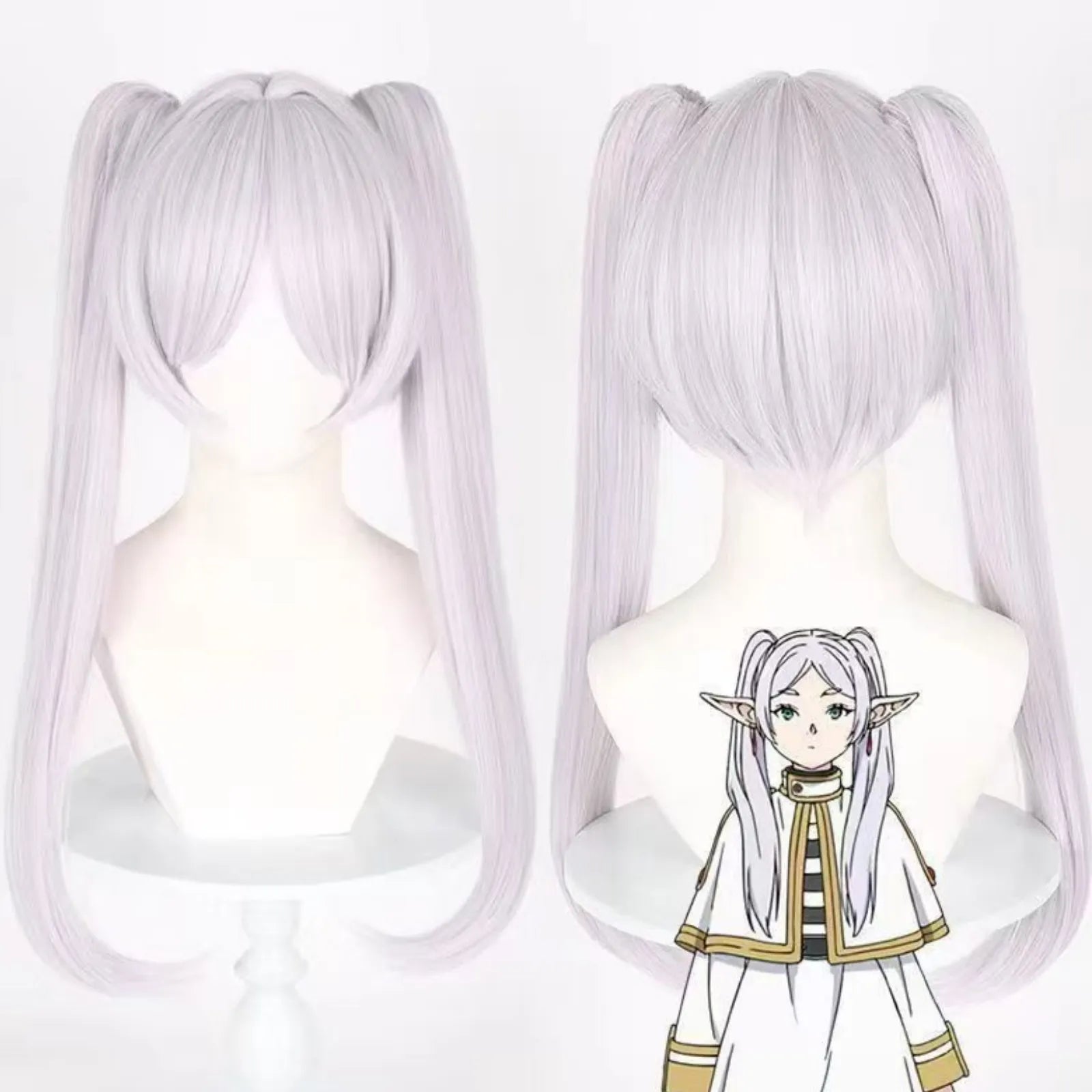 light silver purple twin tails wig for frieren anime elf cosplay front and back display
