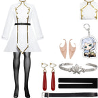 Frieren Beyond Journey's End Cosplay White Stand Collar Dress with Elf Ears Earrings Bracelet Belt Stockings Keychain